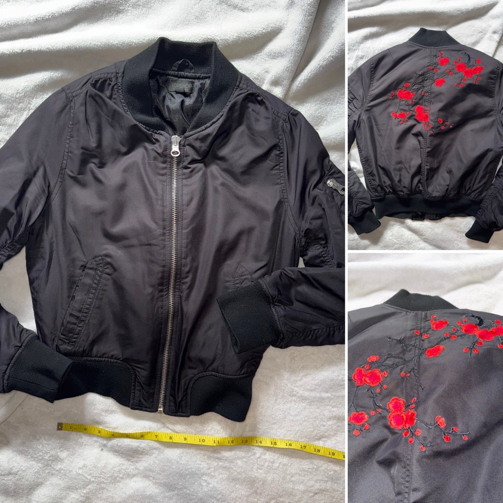 Topshop Black Bomber Jacket with Red Blossom Embroidery – Size 4 Outerwear